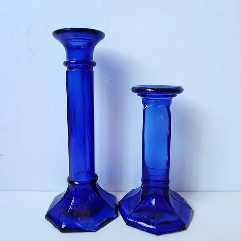 Vintage Candle Holder Glass Cobalt Blue Recycled Glass Candlestick Set Of 2